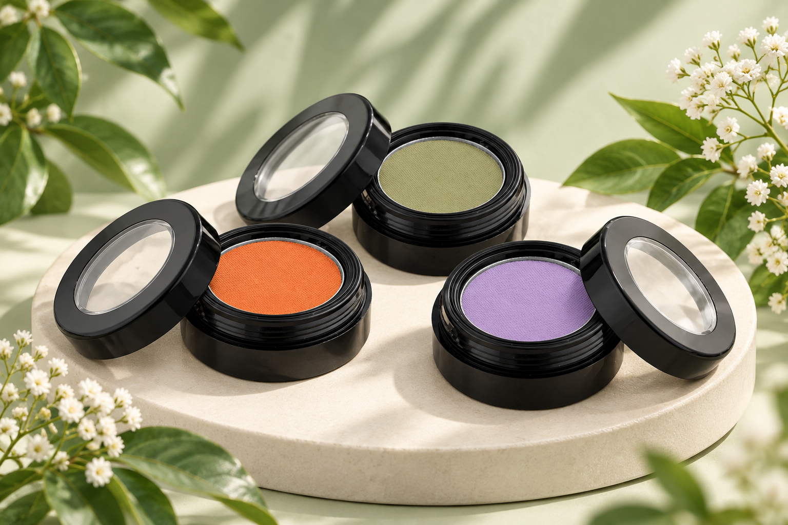 Hay Style sage, orange and lavender eyeshadows with white flowers and green leaves