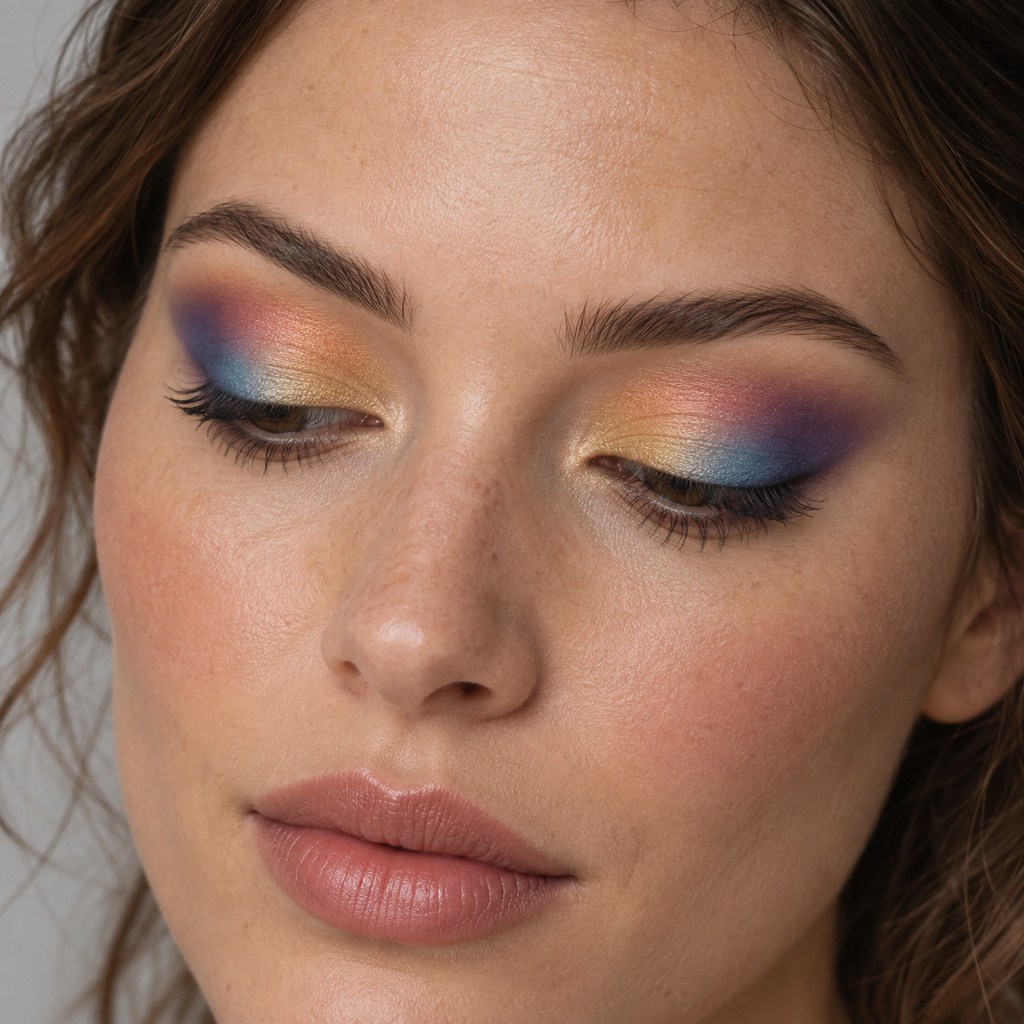 Eyeshadow styling close-up — AI illustration; shade appearance is illustrative