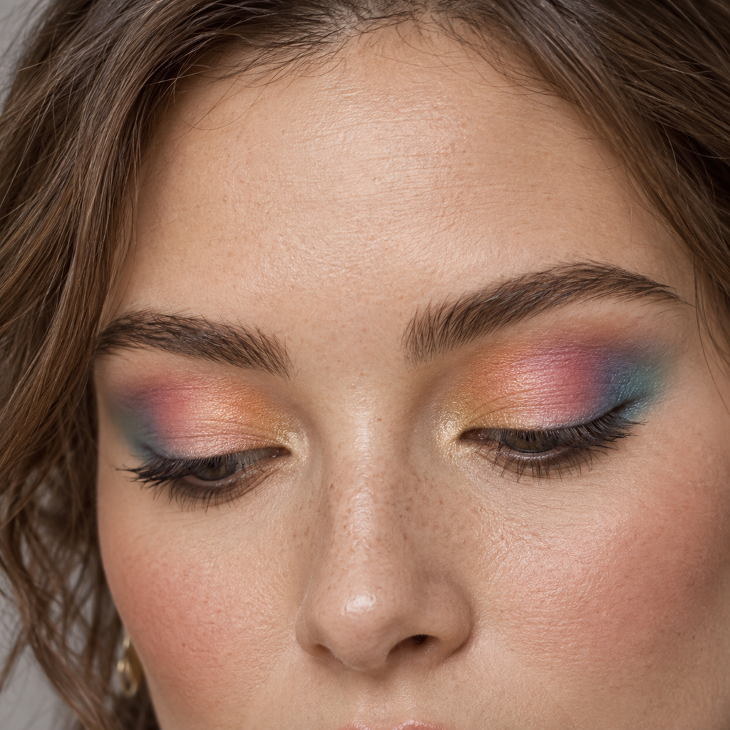 Eyeshadow styling close-up — AI illustration; shade appearance is illustrative