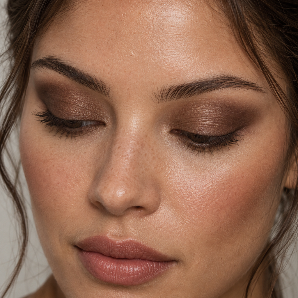 Eyeshadow styling close-up — AI illustration; shade appearance is illustrative