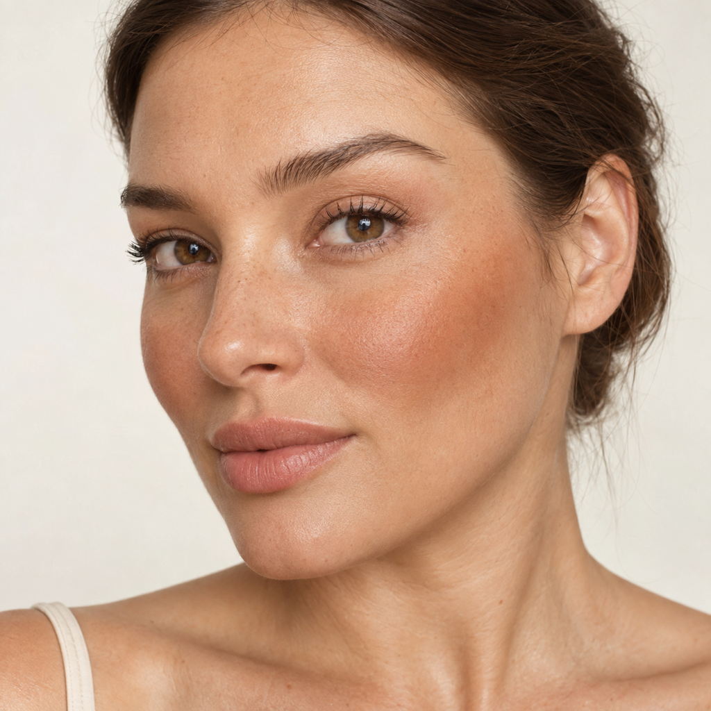 Face makeup styling close-up — AI illustration; shade appearance is illustrative