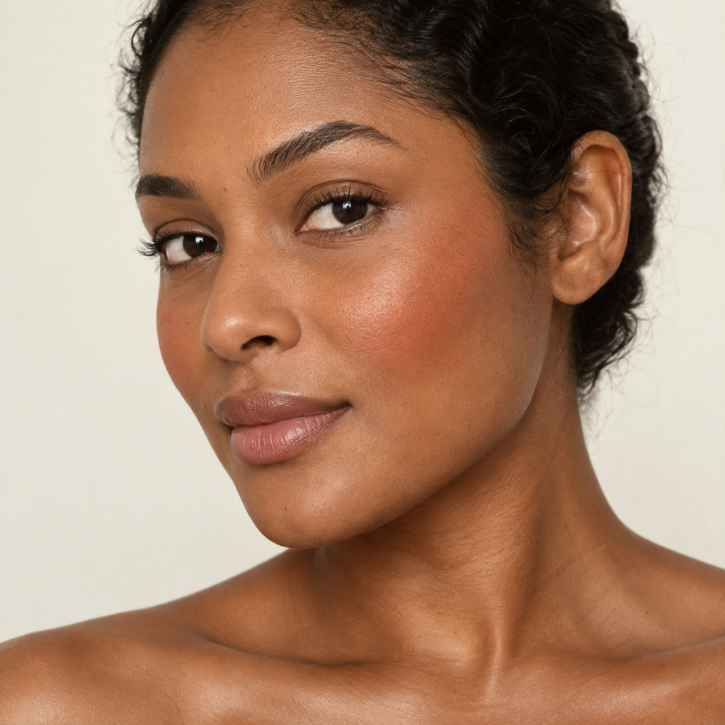 Face makeup styling close-up — AI illustration; shade appearance is illustrative