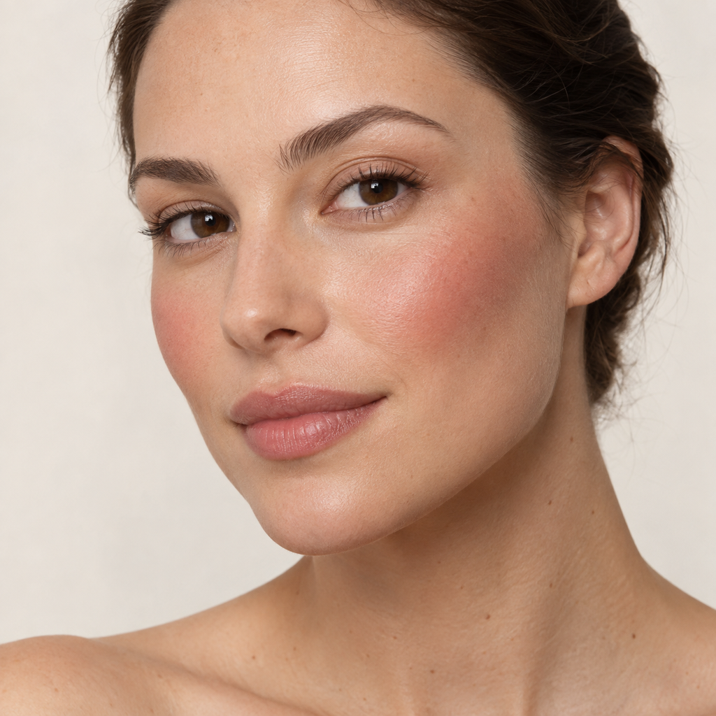 Face makeup styling close-up — AI illustration; shade appearance is illustrative