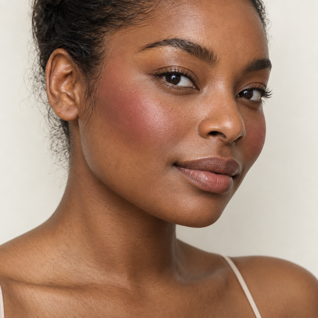 Face makeup styling close-up — AI illustration; shade appearance is illustrative