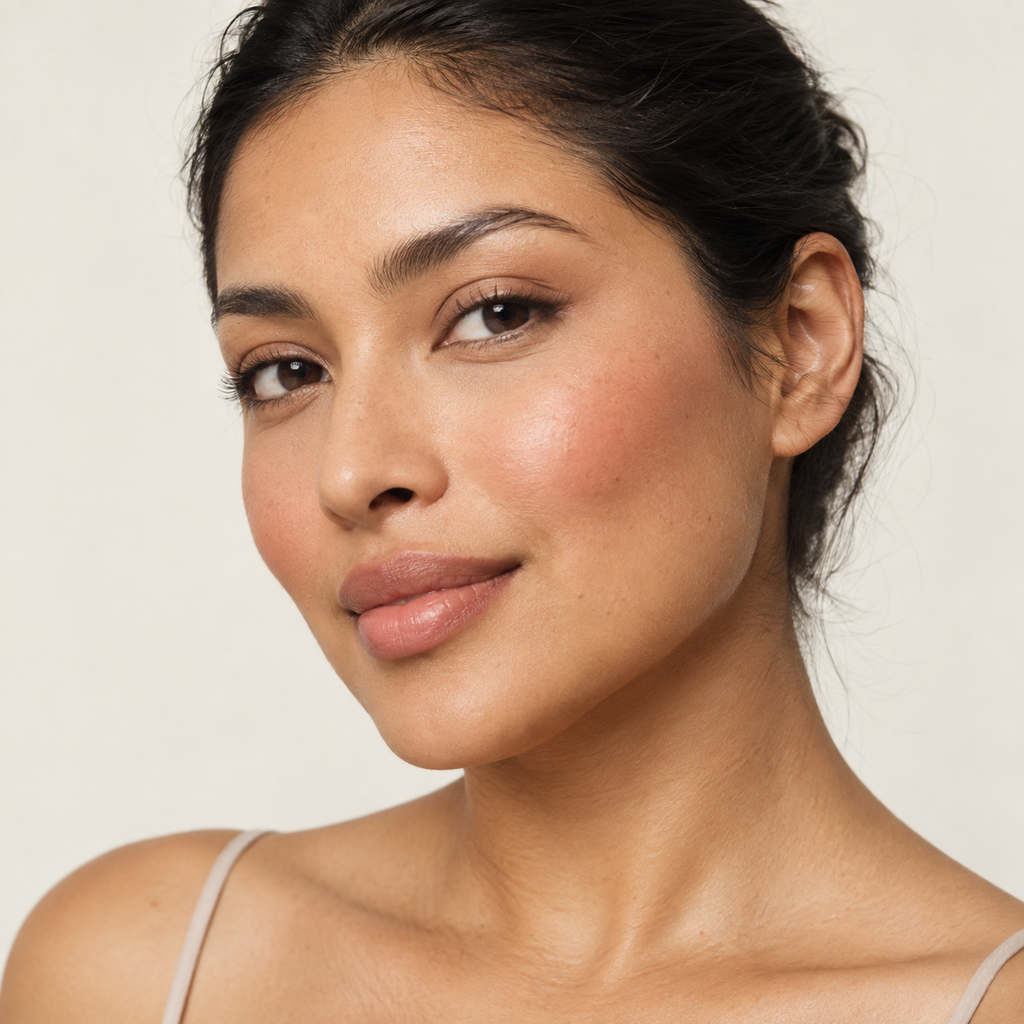 Face makeup styling close-up — AI illustration; shade appearance is illustrative