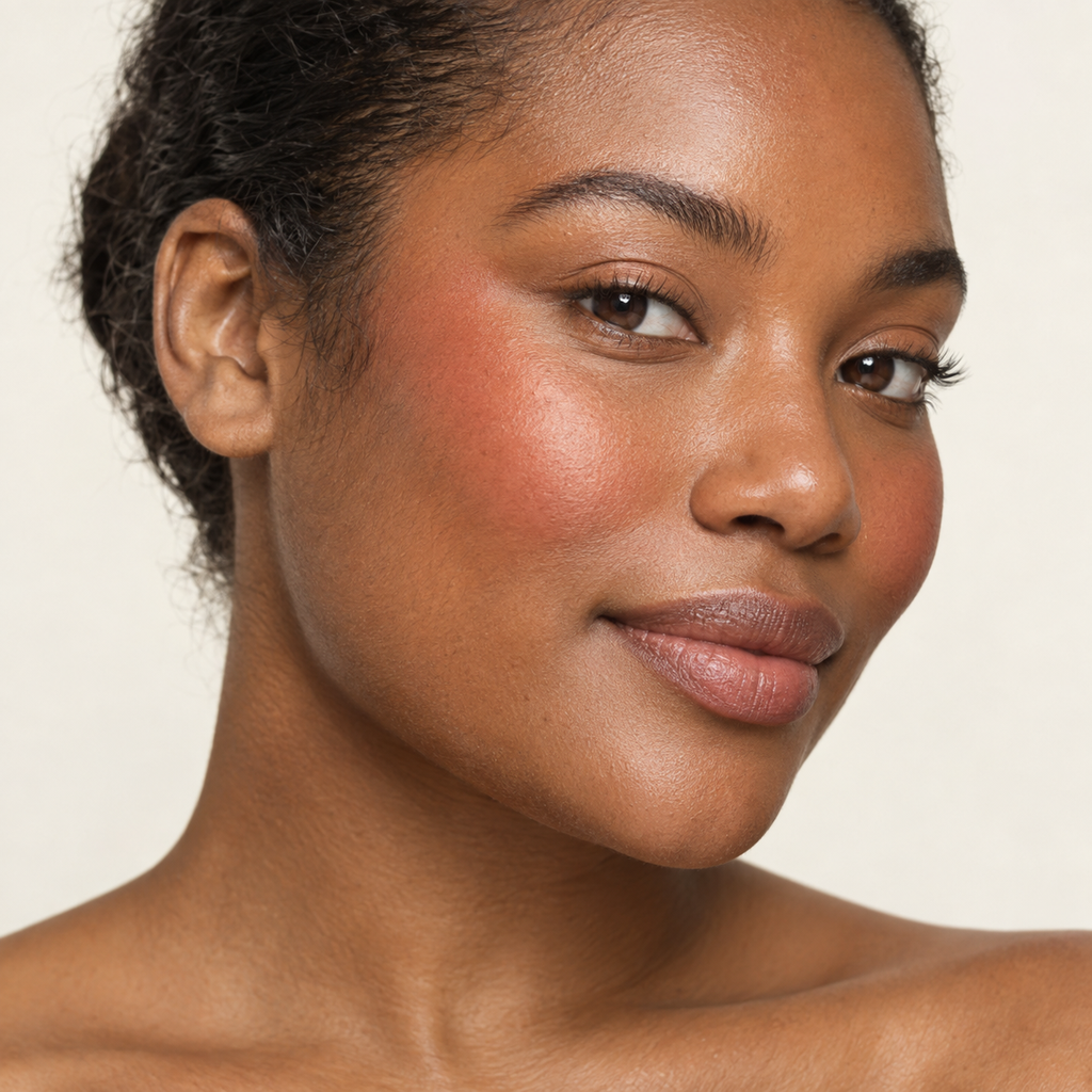 Face makeup styling close-up — AI illustration; shade appearance is illustrative