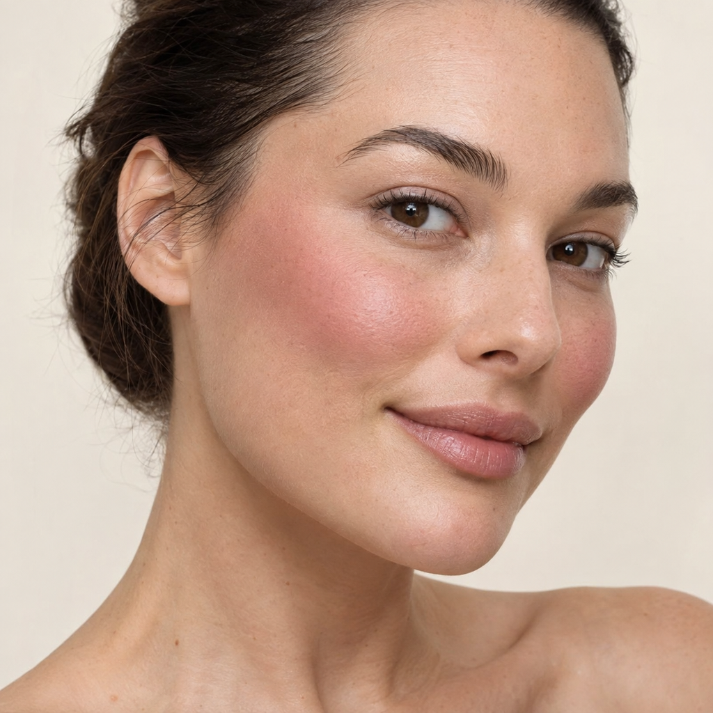 Face makeup styling close-up — AI illustration; shade appearance is illustrative