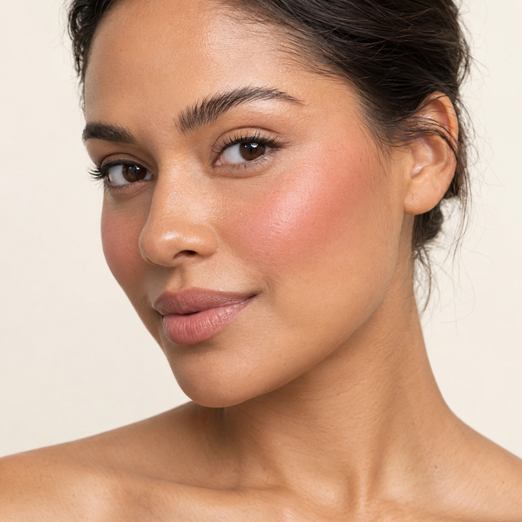 Face makeup styling close-up — AI illustration; shade appearance is illustrative