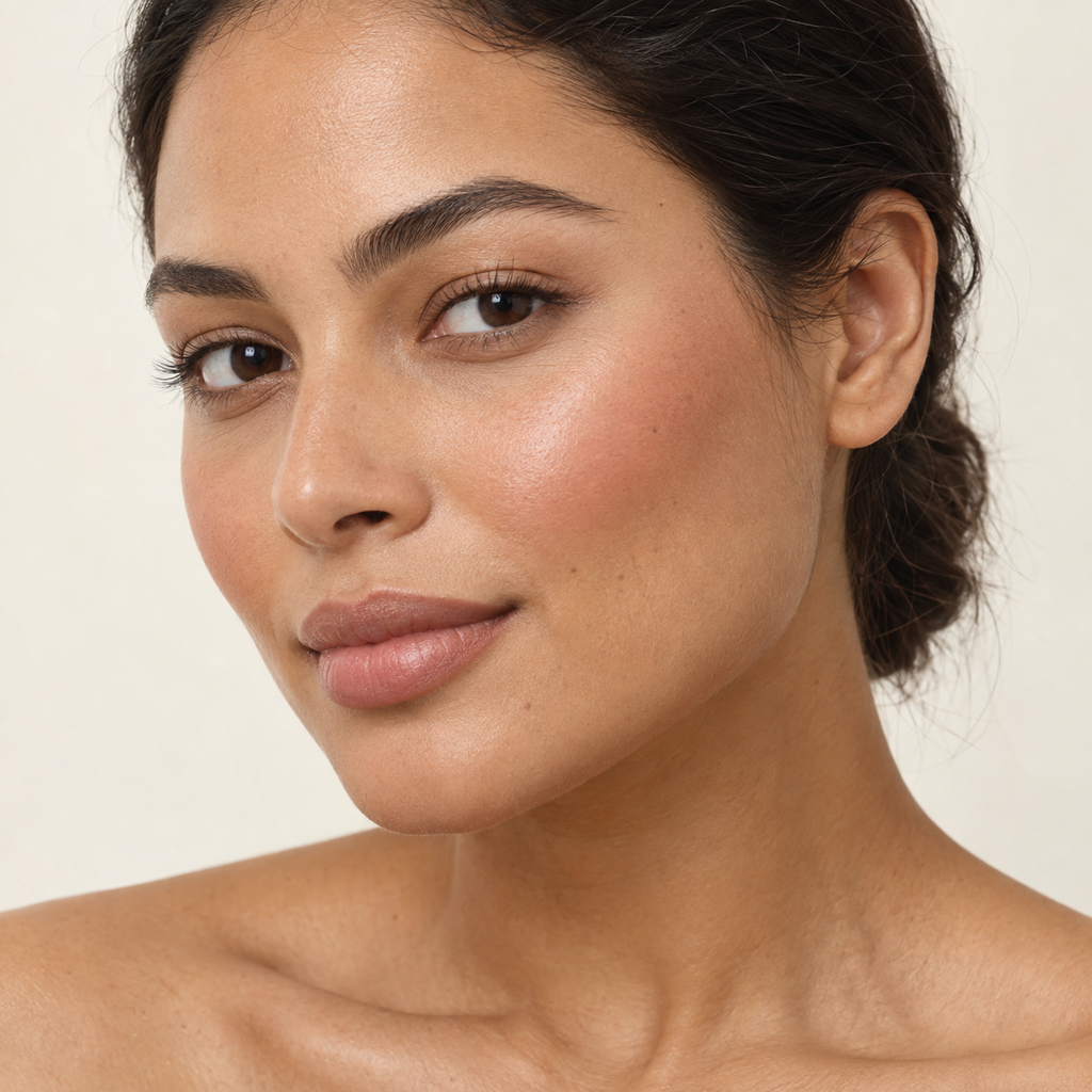 Face makeup styling close-up — AI illustration; shade appearance is illustrative