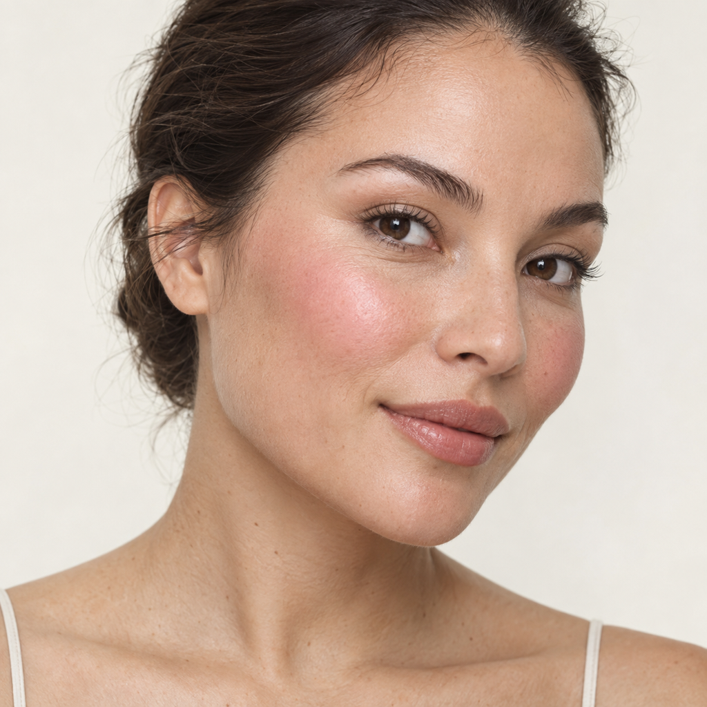 Face makeup styling close-up — AI illustration; shade appearance is illustrative