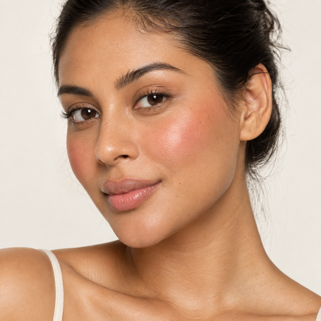 Face makeup styling close-up — AI illustration; shade appearance is illustrative