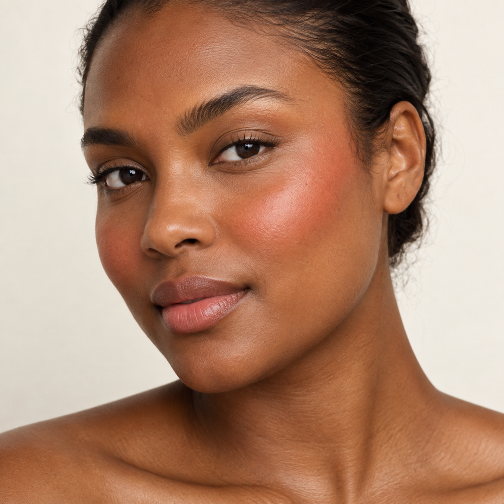 Face makeup styling close-up — AI illustration; shade appearance is illustrative