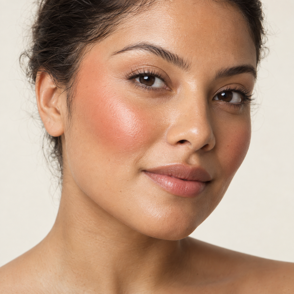 Face makeup styling close-up — AI illustration; shade appearance is illustrative