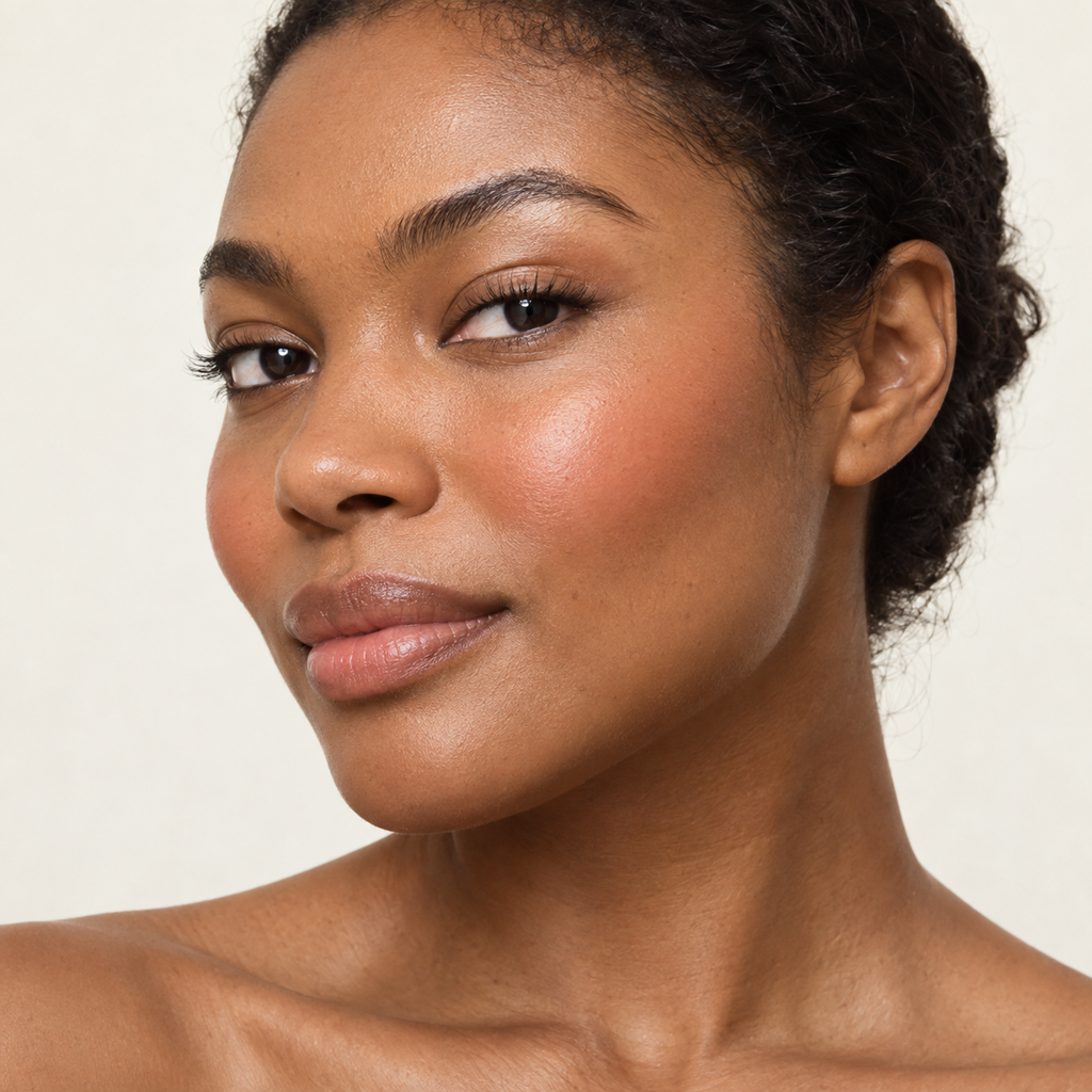 Face makeup styling close-up — AI illustration; shade appearance is illustrative