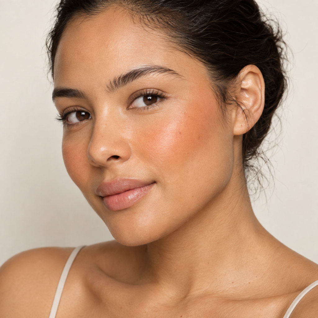 Face makeup styling close-up — AI illustration; shade appearance is illustrative
