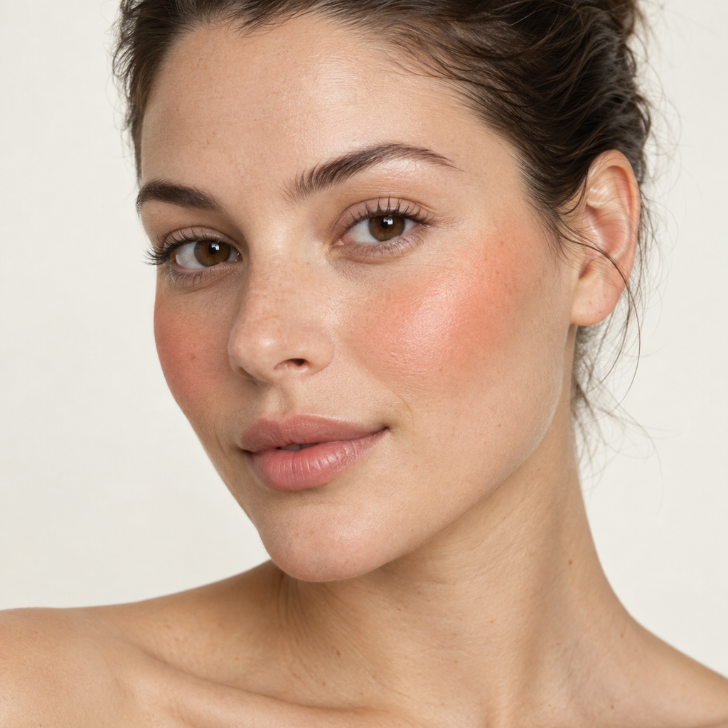 Face makeup styling close-up — AI illustration; shade appearance is illustrative
