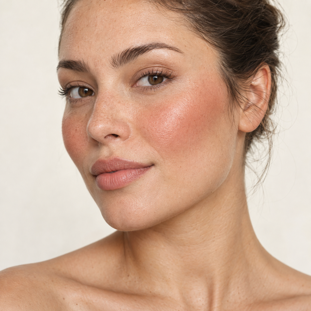 Face makeup styling close-up — AI illustration; shade appearance is illustrative