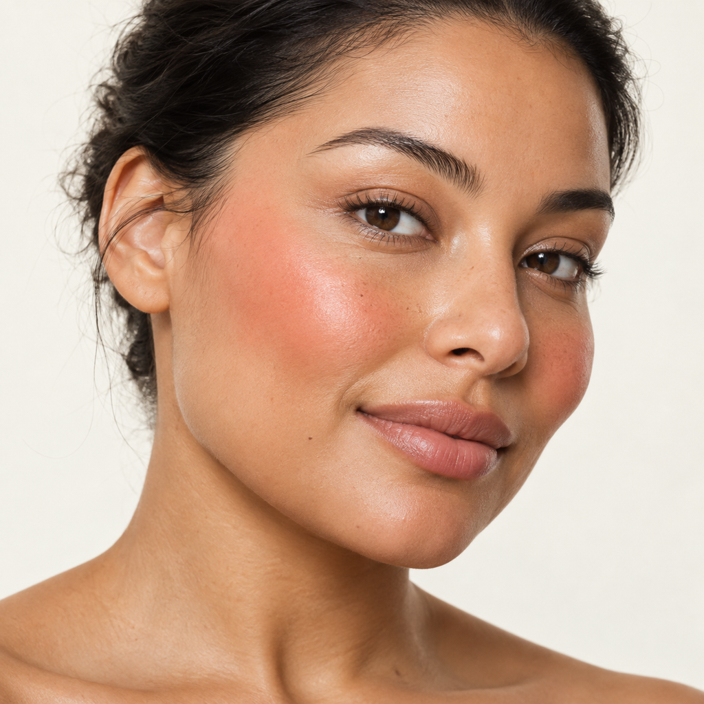 Face makeup styling close-up — AI illustration; shade appearance is illustrative