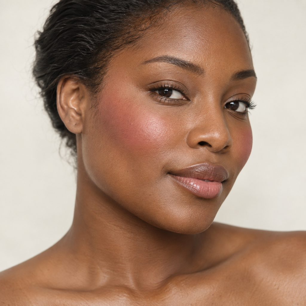 Face makeup styling close-up — AI illustration; shade appearance is illustrative