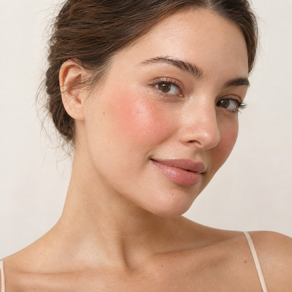 Face makeup styling close-up — AI illustration; shade appearance is illustrative