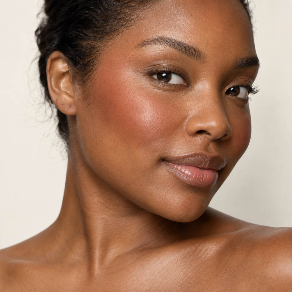 Face makeup styling close-up — AI illustration; shade appearance is illustrative