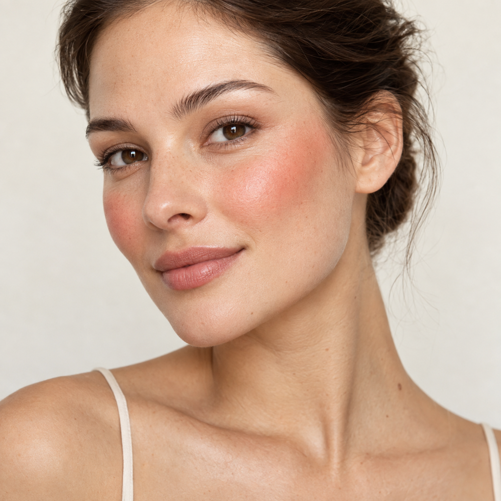 Face makeup styling close-up — AI illustration; shade appearance is illustrative