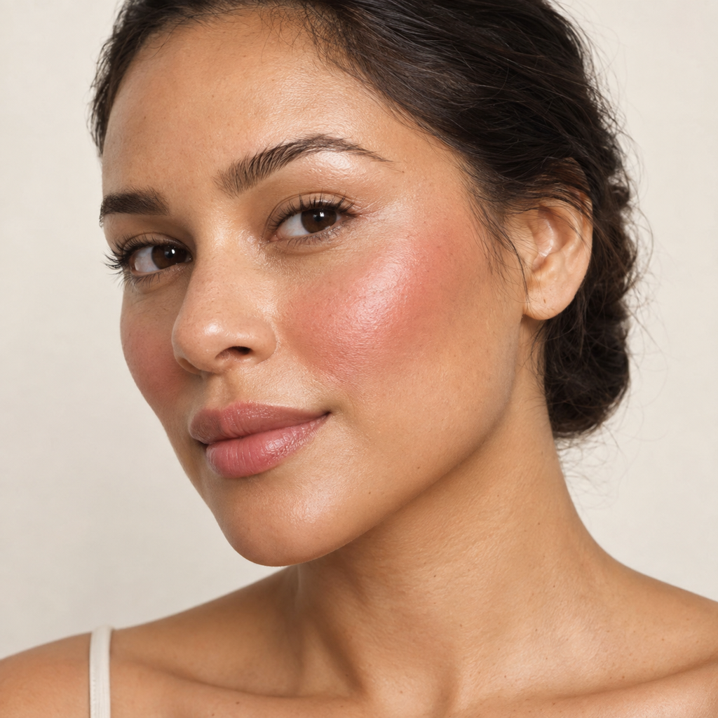 Face makeup styling close-up — AI illustration; shade appearance is illustrative