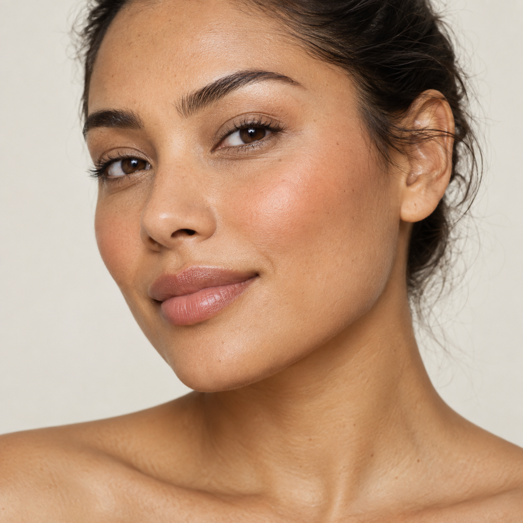 Face makeup styling close-up — AI illustration; shade appearance is illustrative