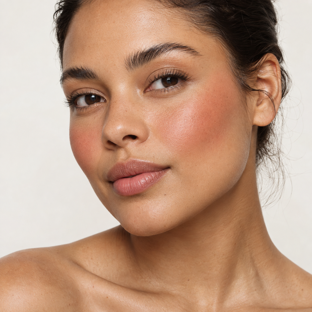 Face makeup styling close-up — AI illustration; shade appearance is illustrative