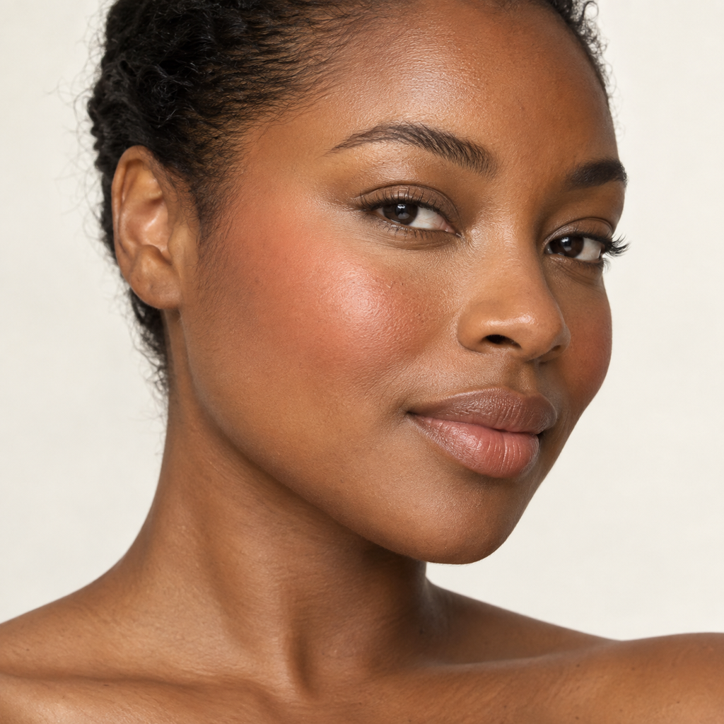 Face makeup styling close-up — AI illustration; shade appearance is illustrative