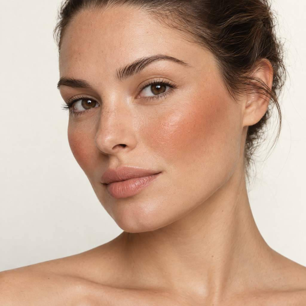 Face makeup styling close-up — AI illustration; shade appearance is illustrative