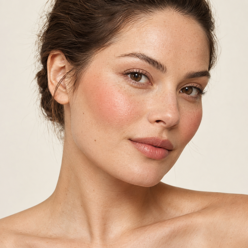 Face makeup styling close-up — AI illustration; shade appearance is illustrative