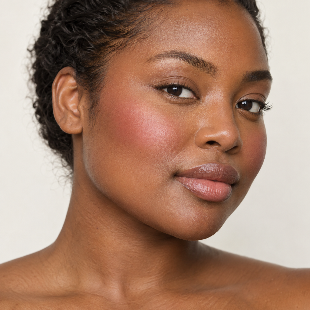 Face makeup styling close-up — AI illustration; shade appearance is illustrative