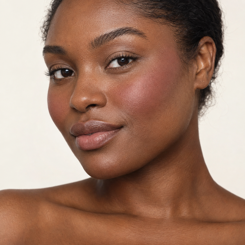 Face makeup styling close-up — AI illustration; shade appearance is illustrative