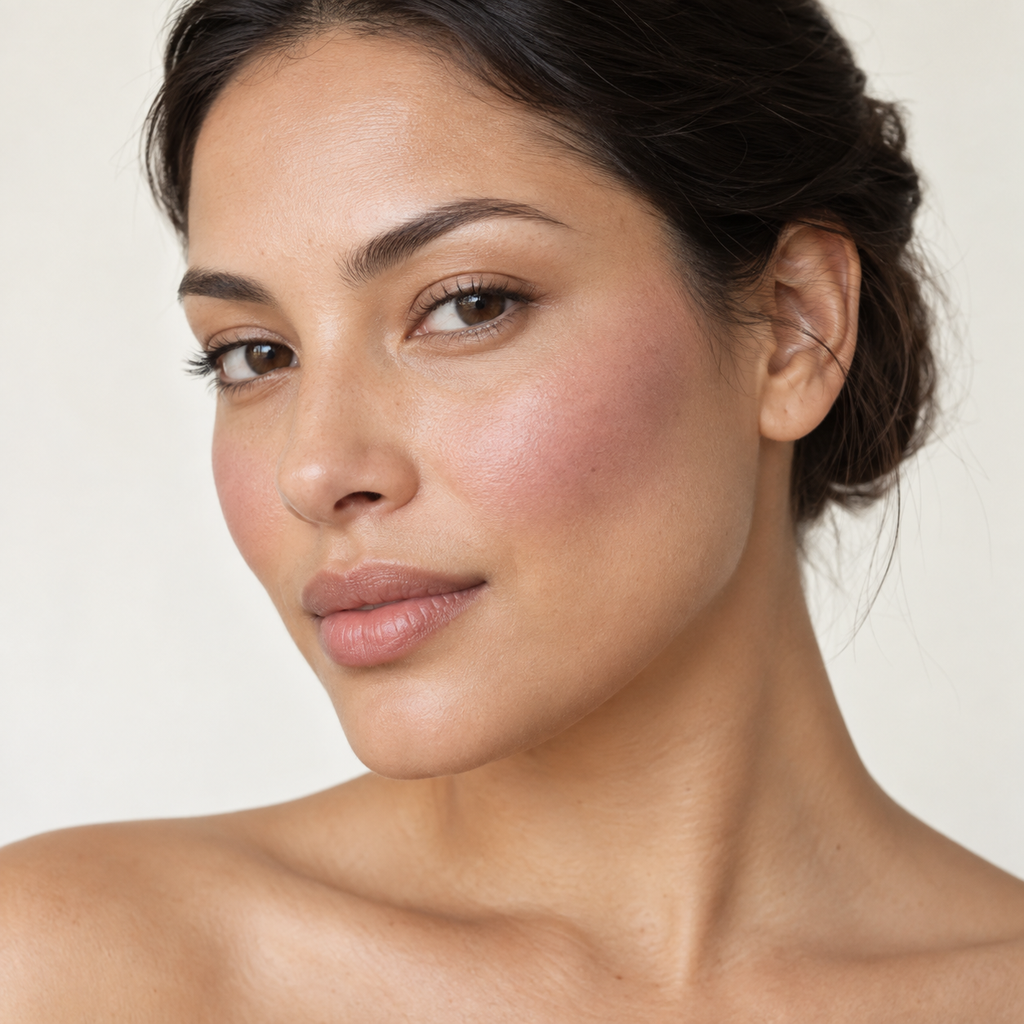 Face makeup styling close-up — AI illustration; shade appearance is illustrative