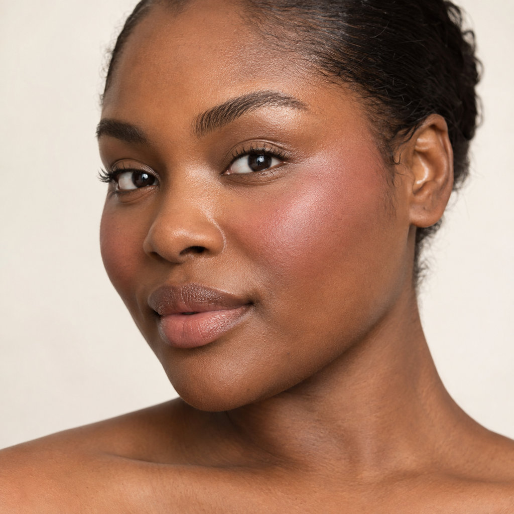 Face makeup styling close-up — AI illustration; shade appearance is illustrative