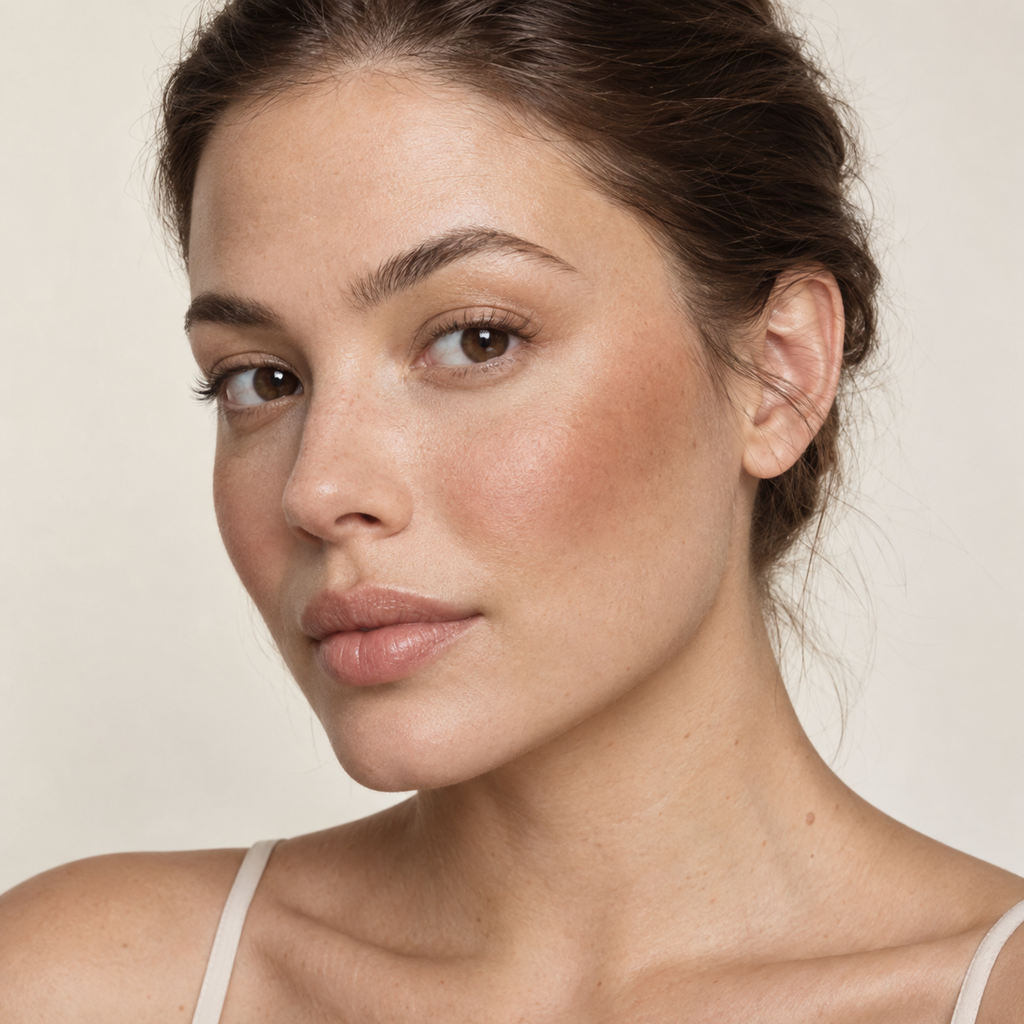 Face makeup styling close-up — AI illustration; shade appearance is illustrative