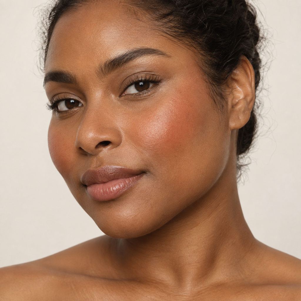 Face makeup styling close-up — AI illustration; shade appearance is illustrative