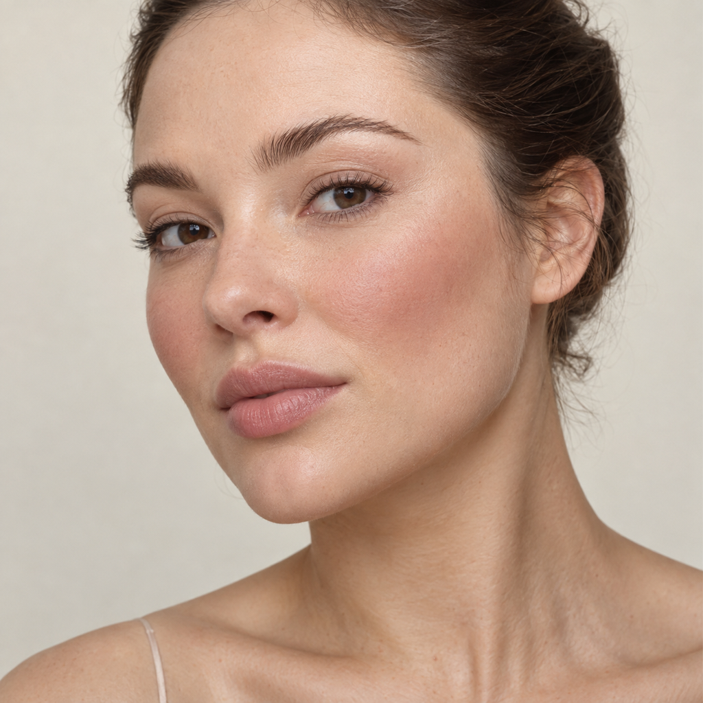 Face makeup styling close-up — AI illustration; shade appearance is illustrative