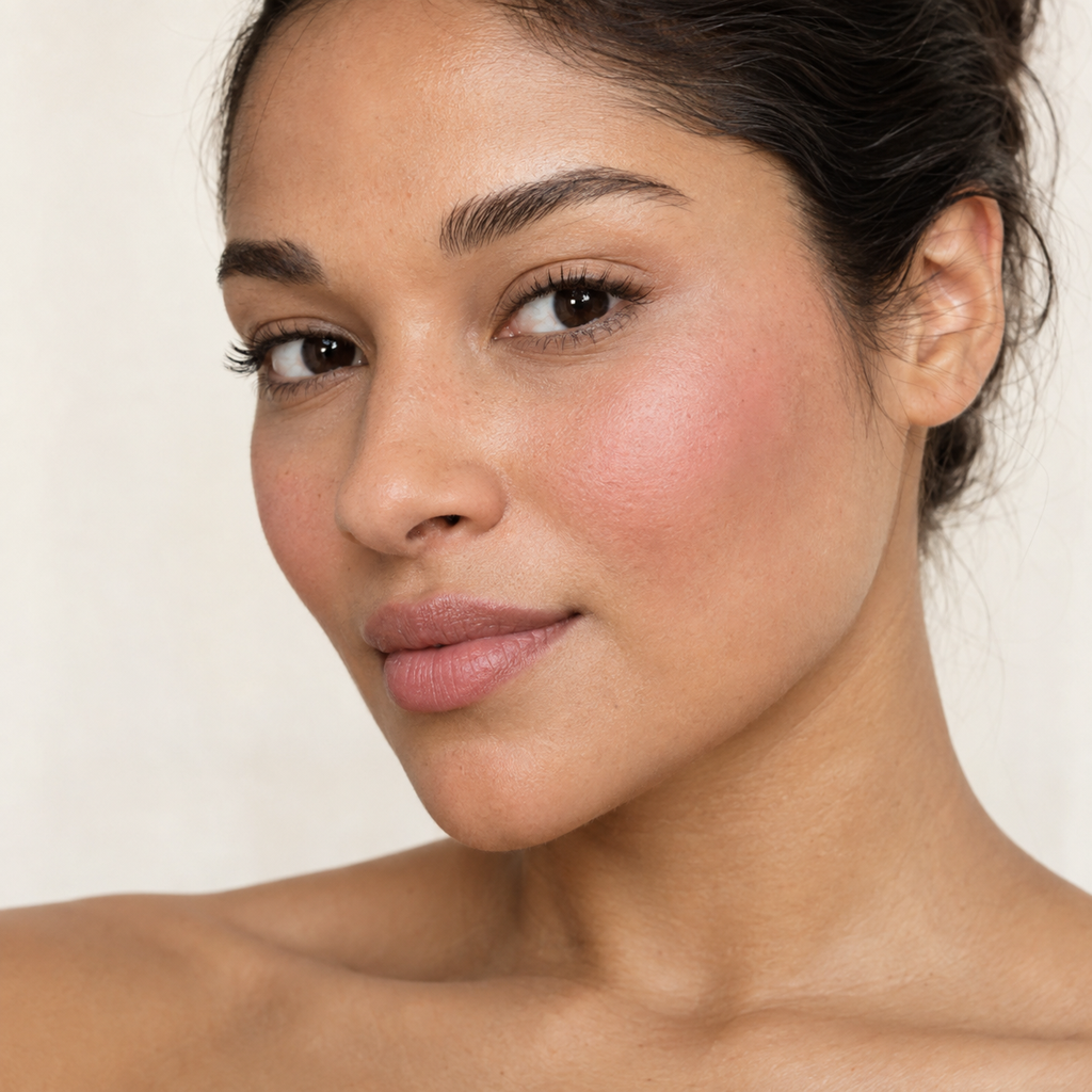 Face makeup styling close-up — AI illustration; shade appearance is illustrative