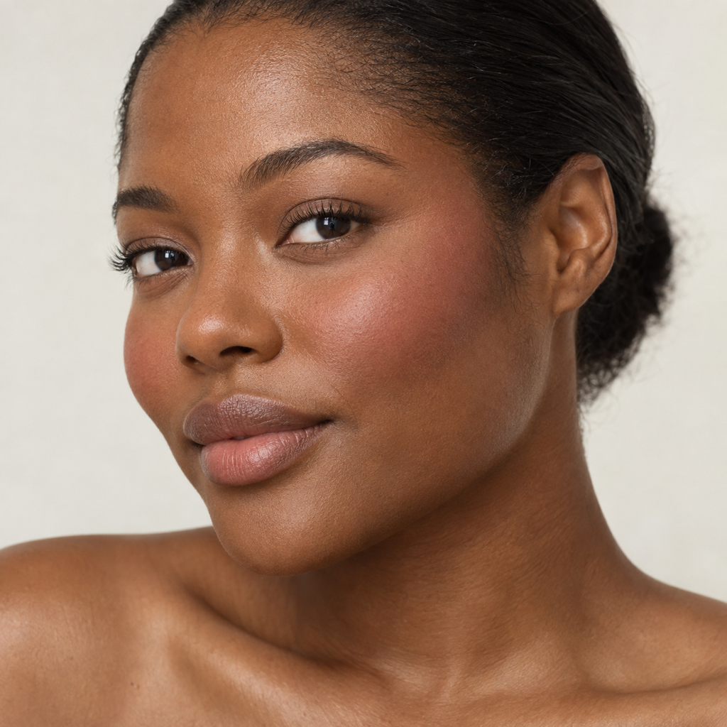 Face makeup styling close-up — AI illustration; shade appearance is illustrative
