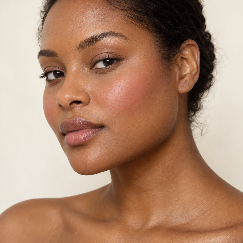 Face makeup styling close-up — AI illustration; shade appearance is illustrative