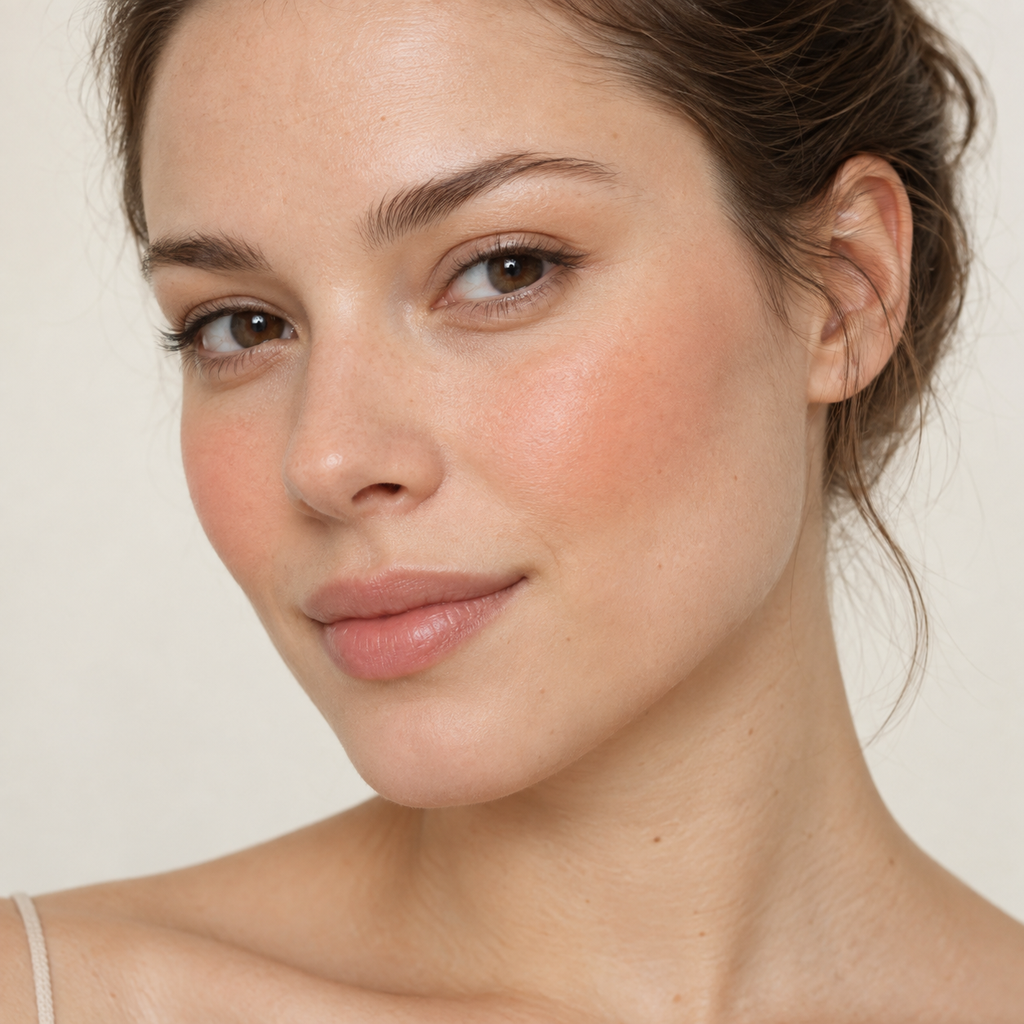 Face makeup styling close-up — AI illustration; shade appearance is illustrative