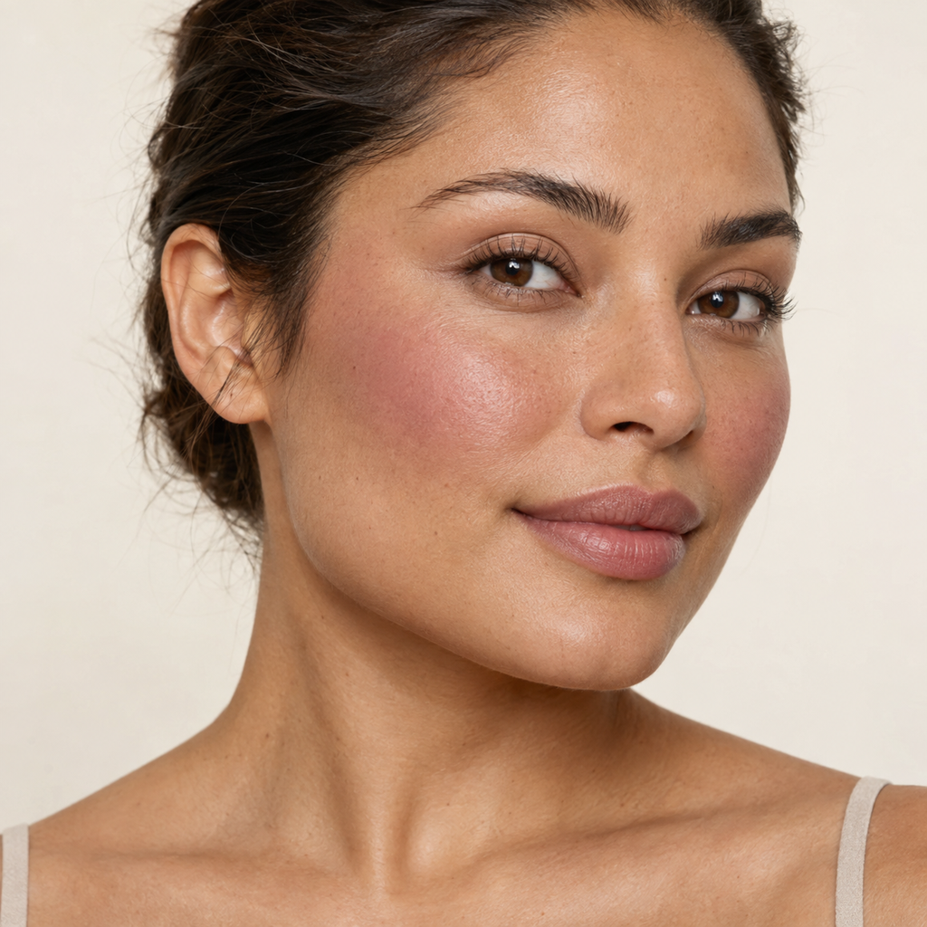 Face makeup styling close-up — AI illustration; shade appearance is illustrative