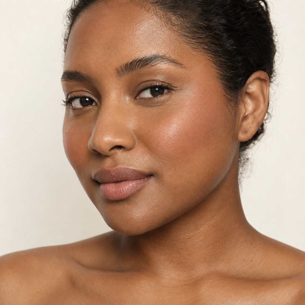 Face makeup styling close-up — AI illustration; shade appearance is illustrative