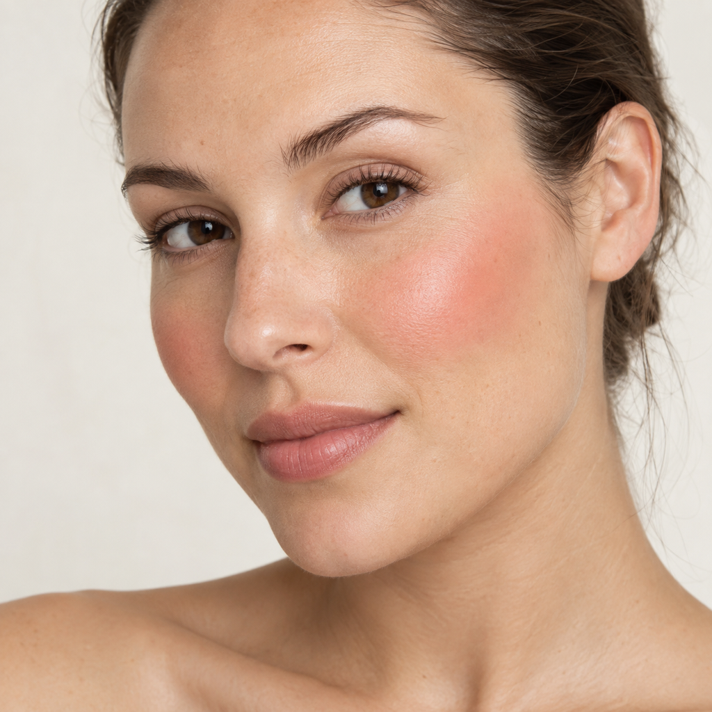 Face makeup styling close-up — AI illustration; shade appearance is illustrative