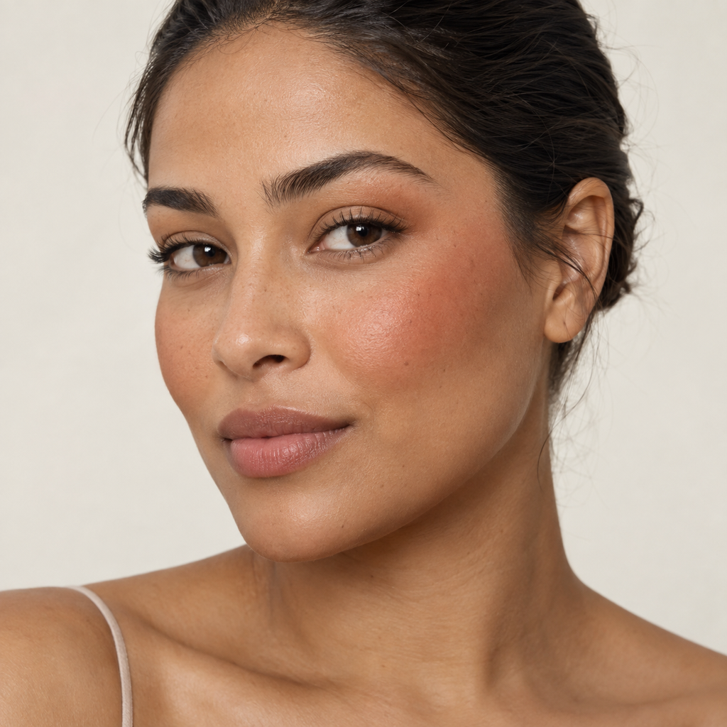 Face makeup styling close-up — AI illustration; shade appearance is illustrative