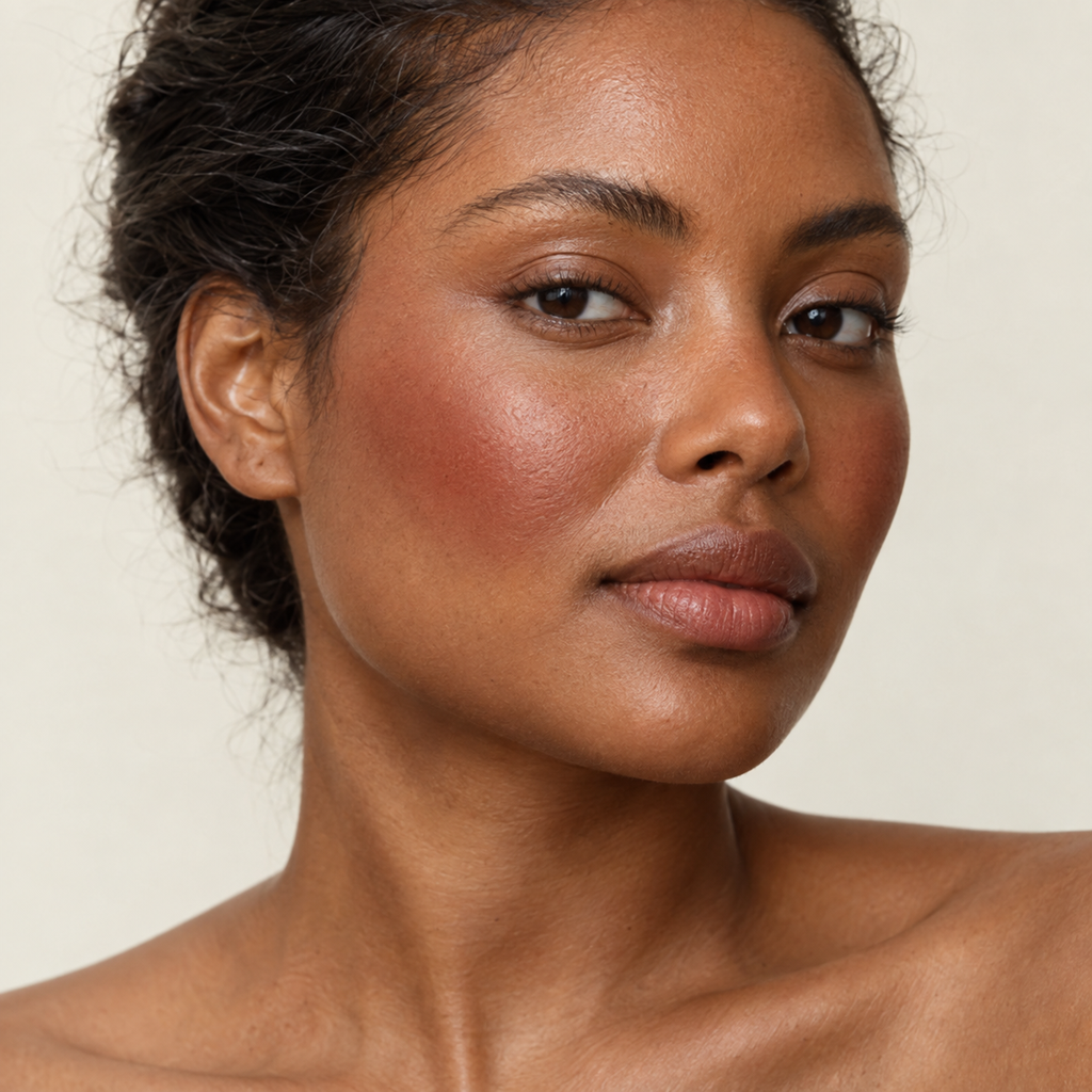Face makeup styling close-up — AI illustration; shade appearance is illustrative