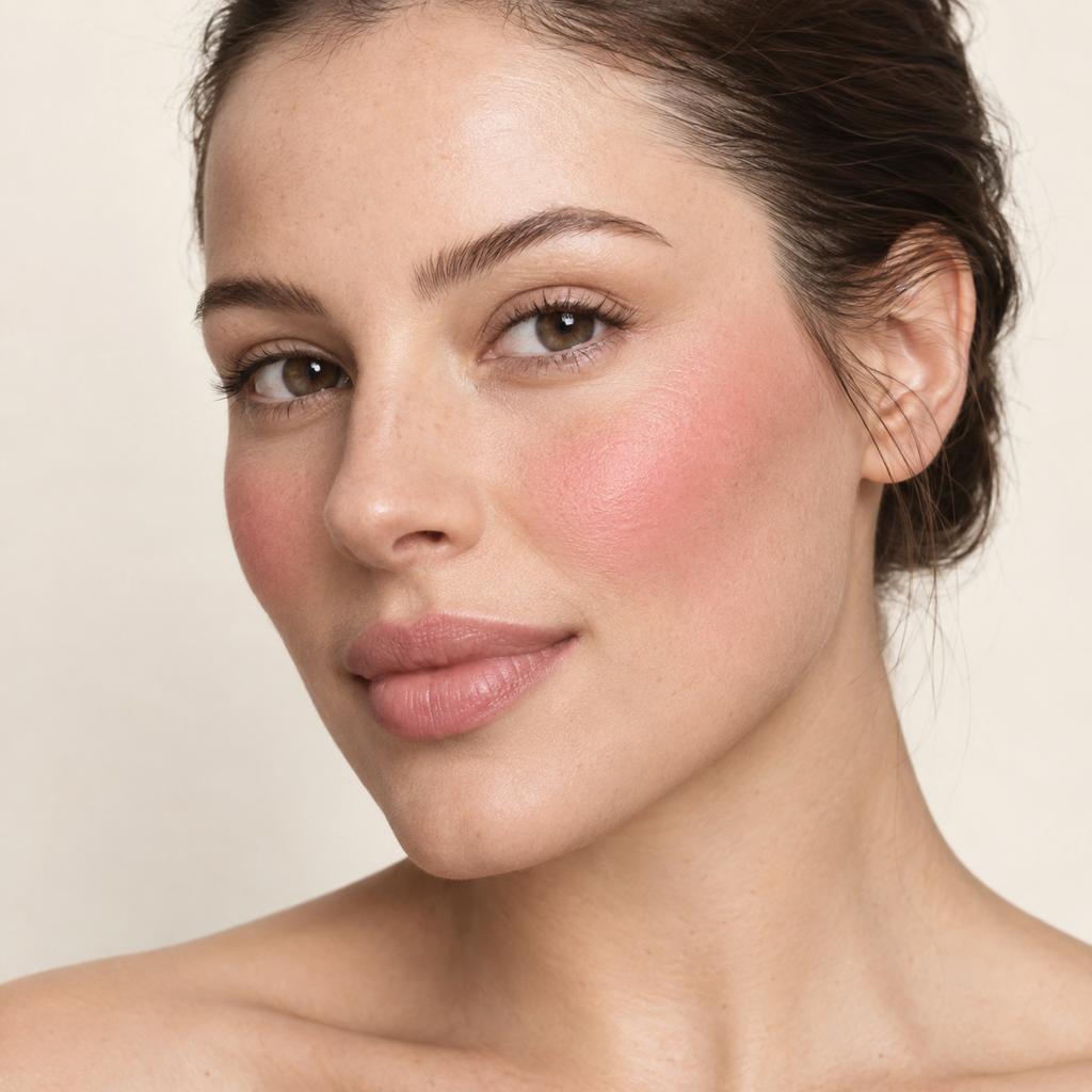 Face makeup styling close-up — AI illustration; shade appearance is illustrative