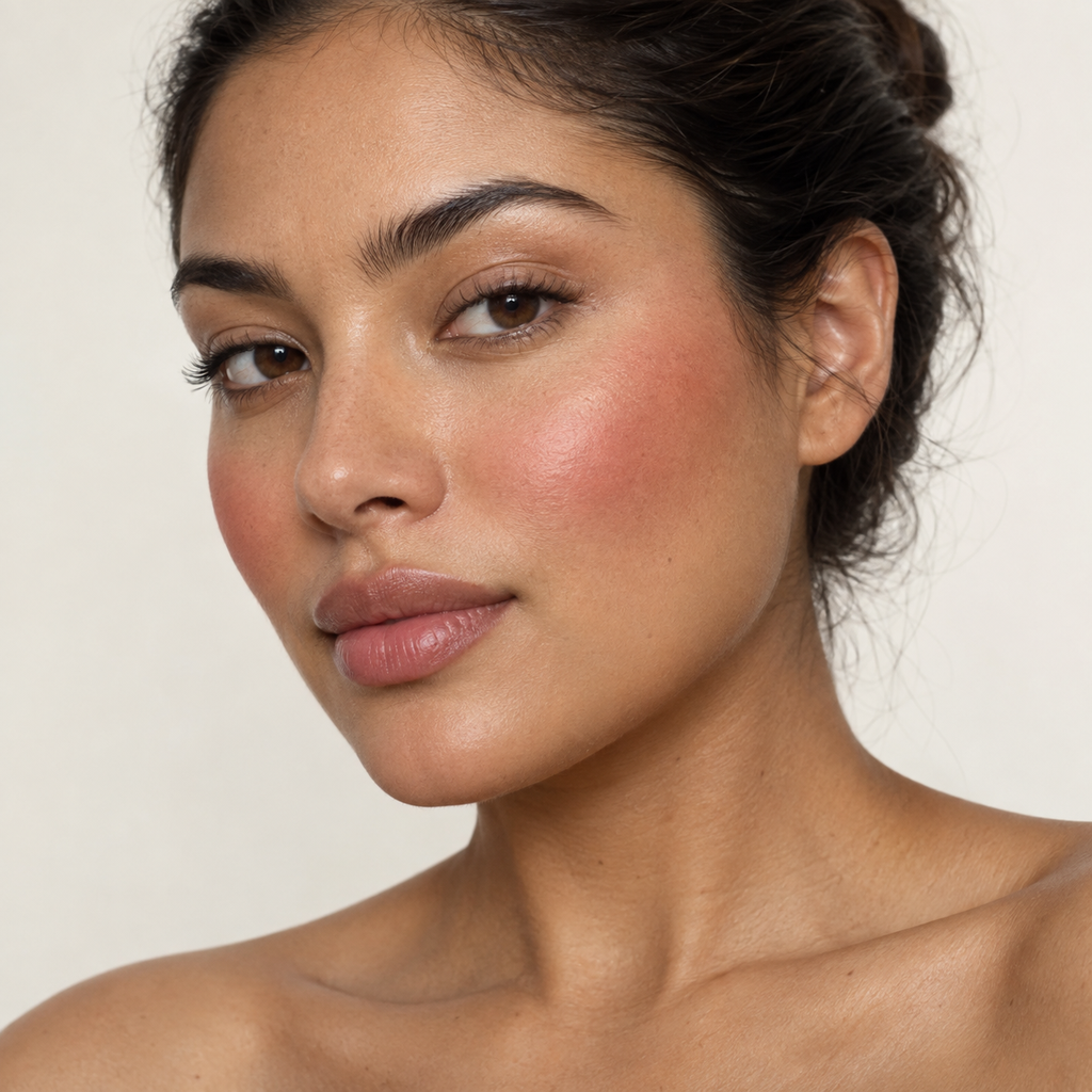 Face makeup styling close-up — AI illustration; shade appearance is illustrative